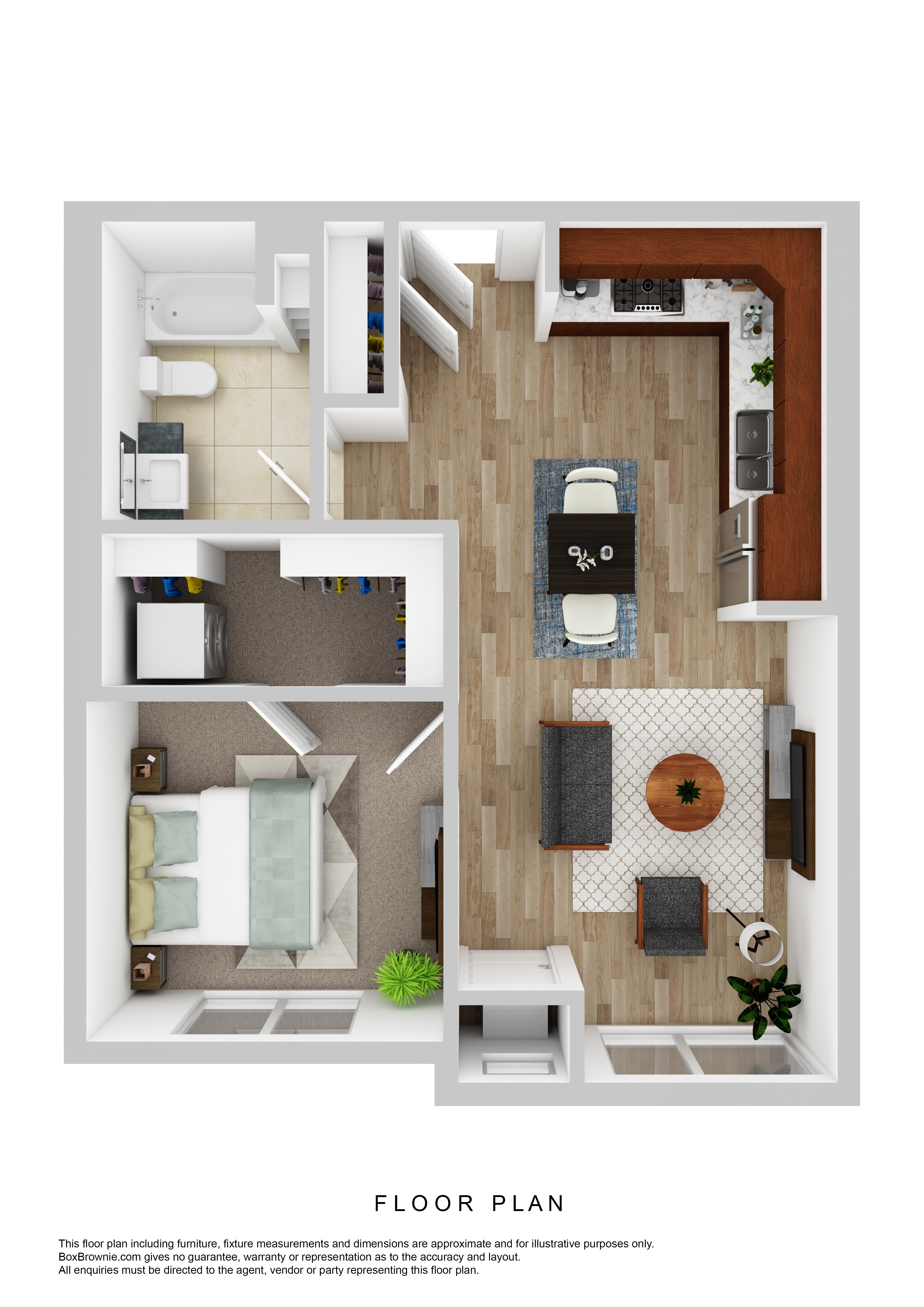 A floor plan of a house with a kitchen, living room, and bathroom.