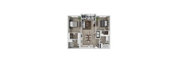 A top-down view of a small apartment with a kitchen, living room, and bedroom.