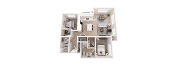 A top-down view of a modern apartment layout with a kitchen, living room, and bedrooms.
