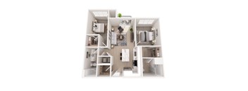 A 3D floor plan of a house with a living room, kitchen, and two bedrooms.