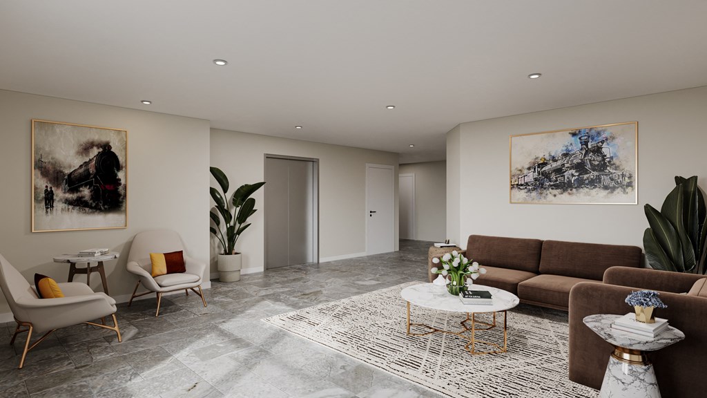 a living room with couches and chairs and a table