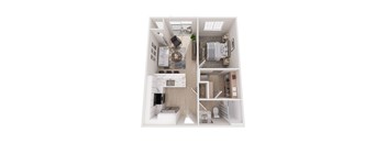 A top-down view of a small apartment with a kitchen, living room, and bedroom.