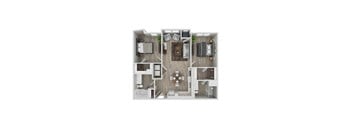 A top down view of a small apartment with a kitchen, living room, and bedroom.