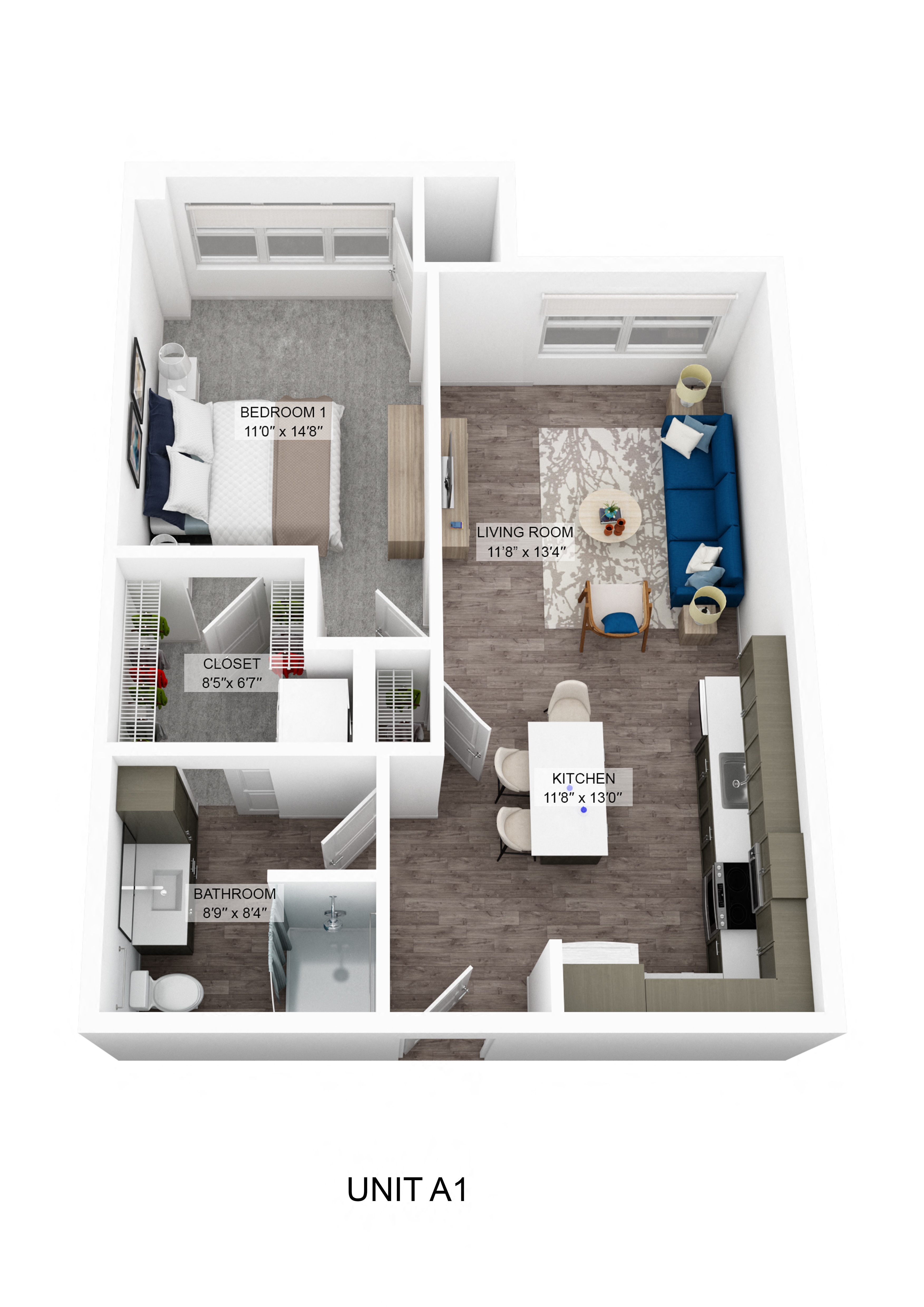 A diagram of a unit layout with a bedroom, living room, kitchen, and bathroom.