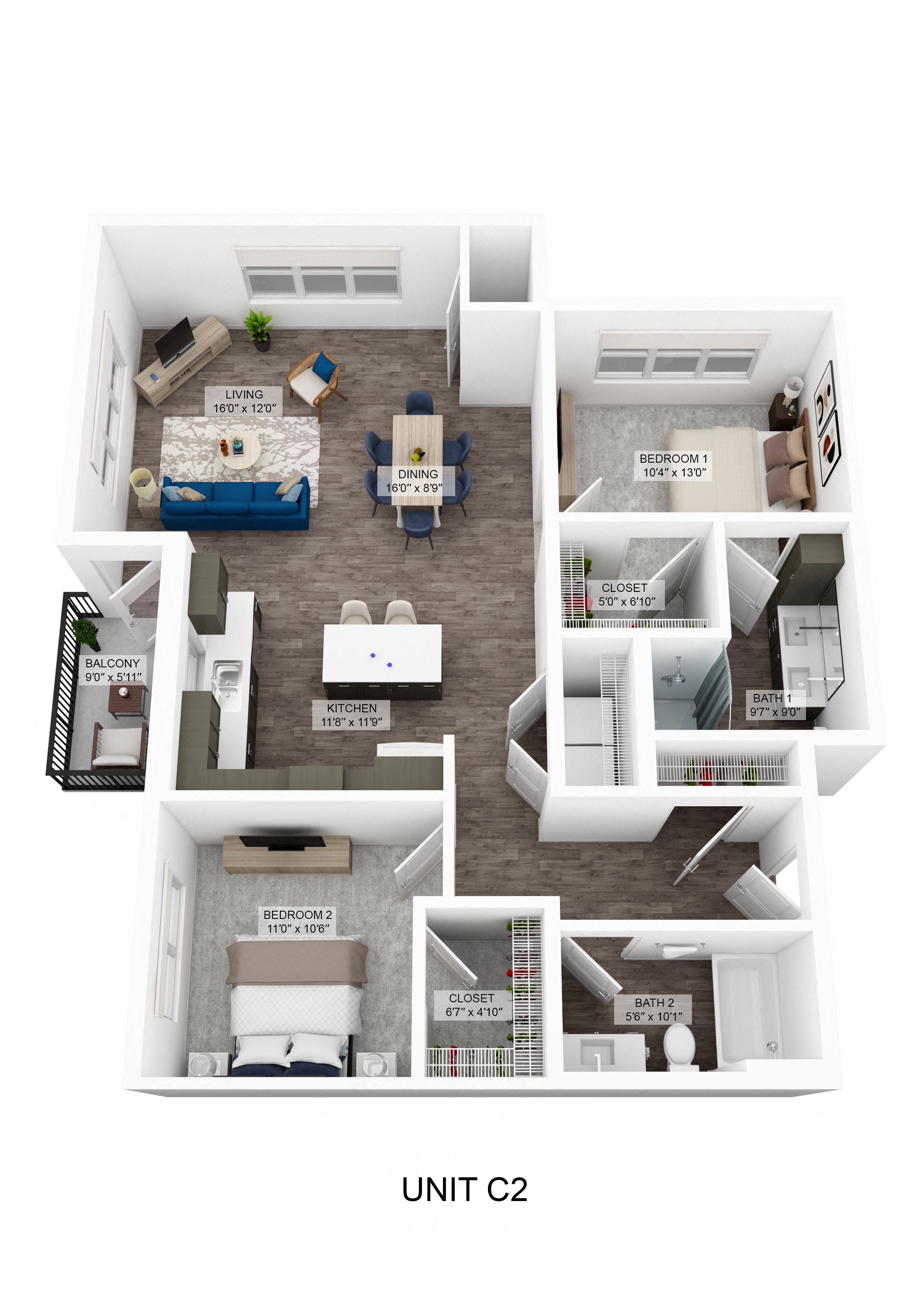 a stylized floor plan of a unit with a bedroom and living room