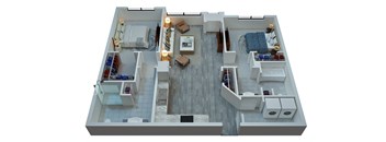 a 3d rendering of a 1 bedroom apartment with a bathroom and a living room
