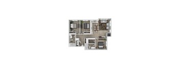 A 3D floor plan of a house showing the layout of the rooms.