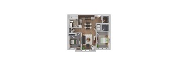 A top-down view of a small apartment with a kitchen, living room, and bathroom.