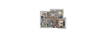 A floor plan of a house with a kitchen, living room, dining room, and bathrooms.