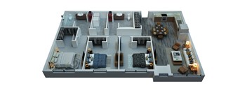 A 3D rendered image of a house layout.