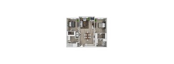 A top-down view of a small apartment with a kitchen, living room, and bedroom.