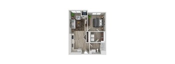A top-down view of a small apartment with a kitchen, living room, and bathroom.
