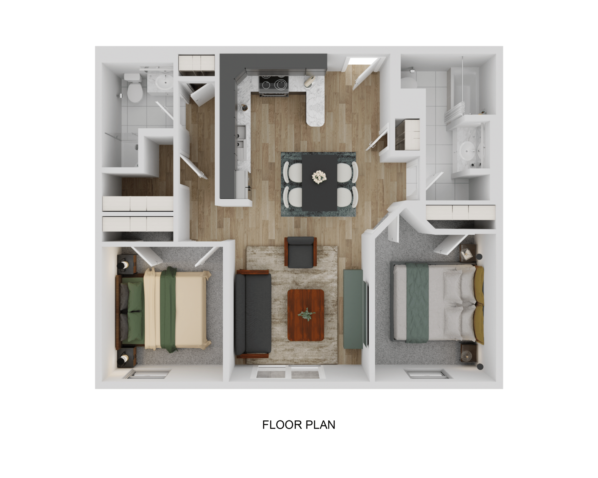 A floor plan of a house with a kitchen, living room, and two bedrooms.