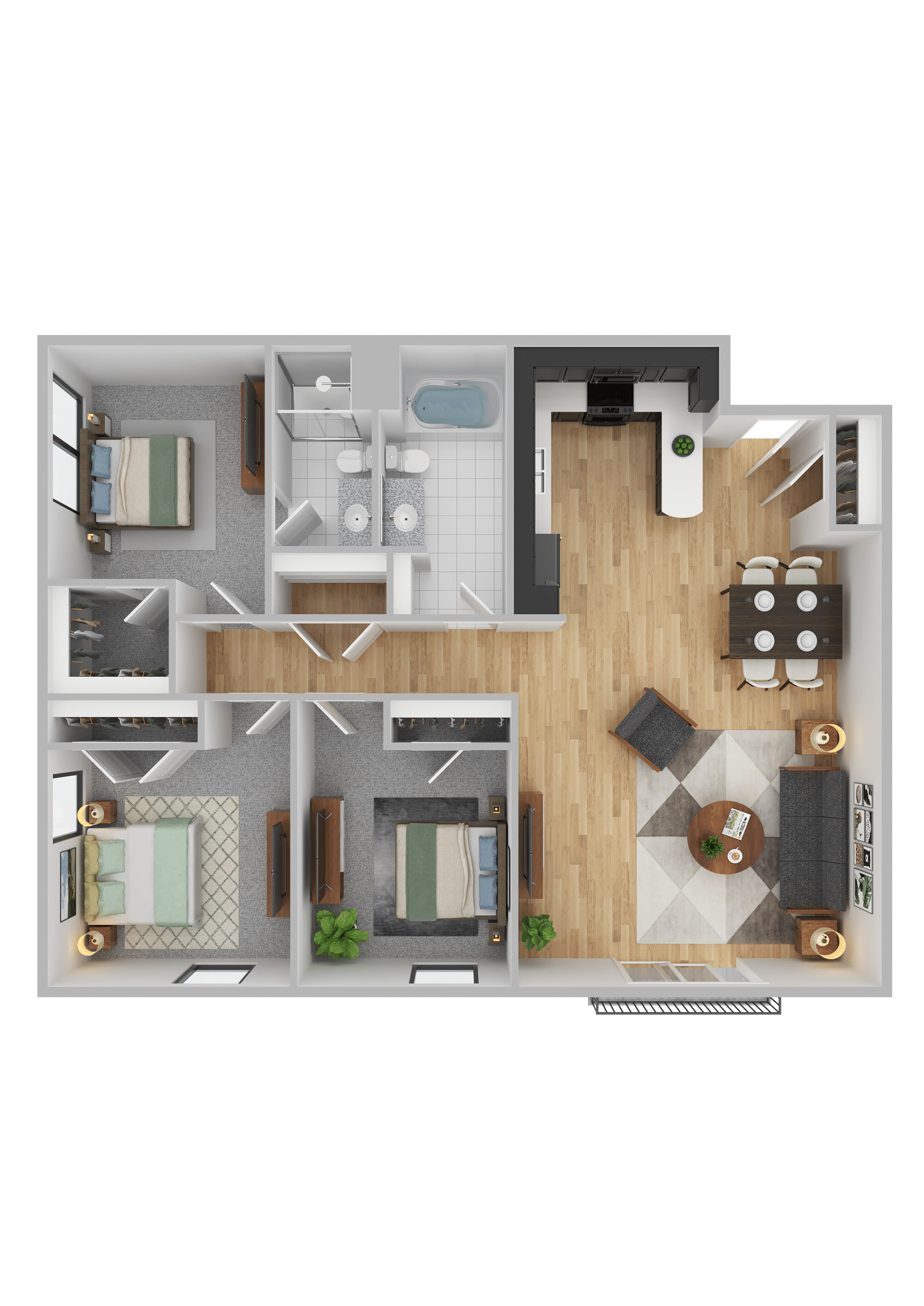 A top-down view of a house layout with two bedrooms, a living room, a kitchen, and a bathroom.