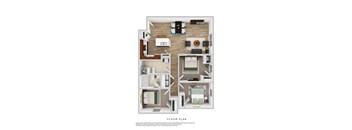 A floor plan of a house with a kitchen, living room, dining room, and three bedrooms.