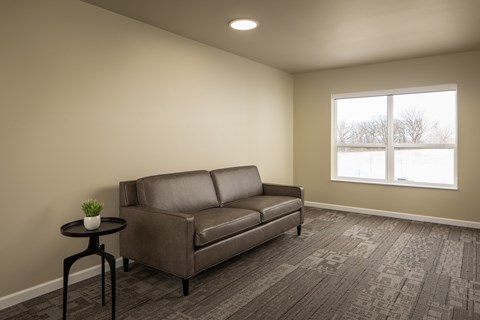 A living room with a brown couch, a small table with a plant, and a carpet.