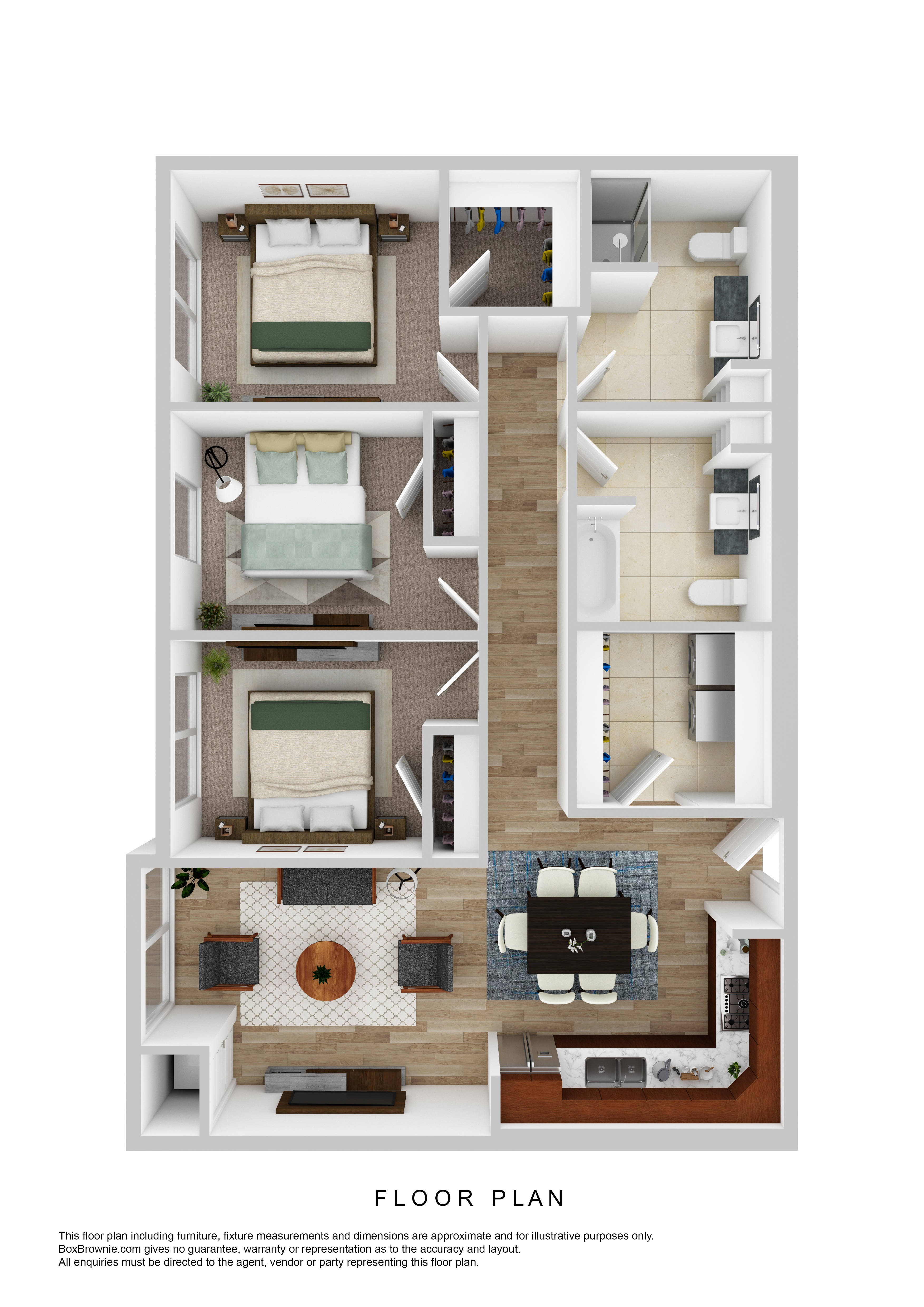 A floor plan of a house with three bedrooms, a living room, a kitchen, and a bathroom.