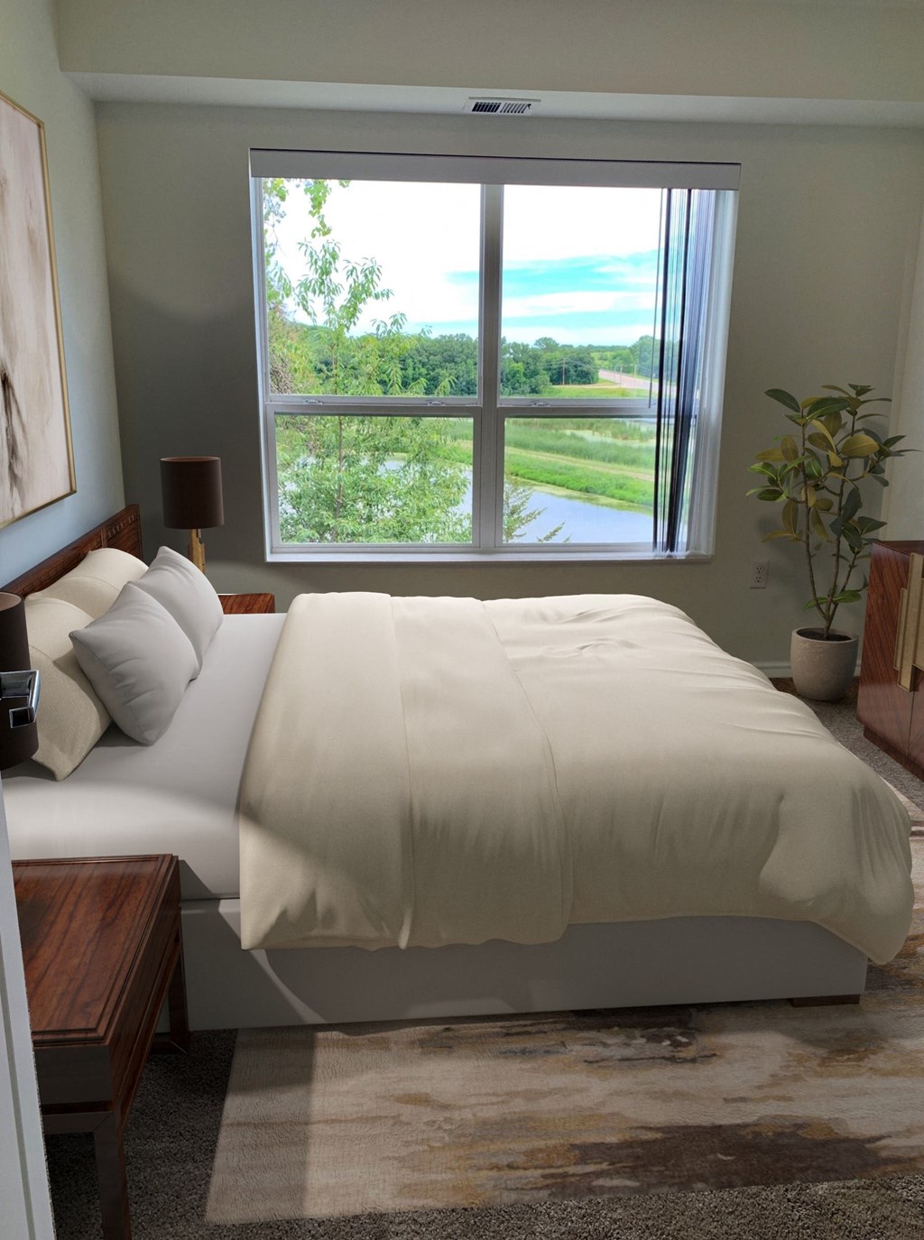 a bedroom with a large window and a bed with white sheets