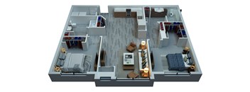 A 3D rendered image of a house layout.