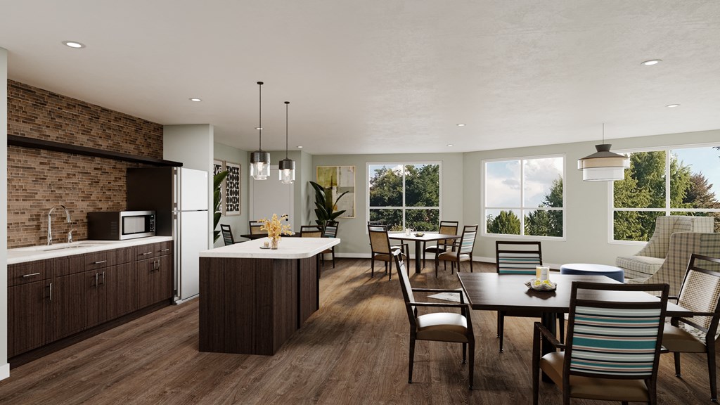 a rendering of a kitchen and dining room with a table and chairs