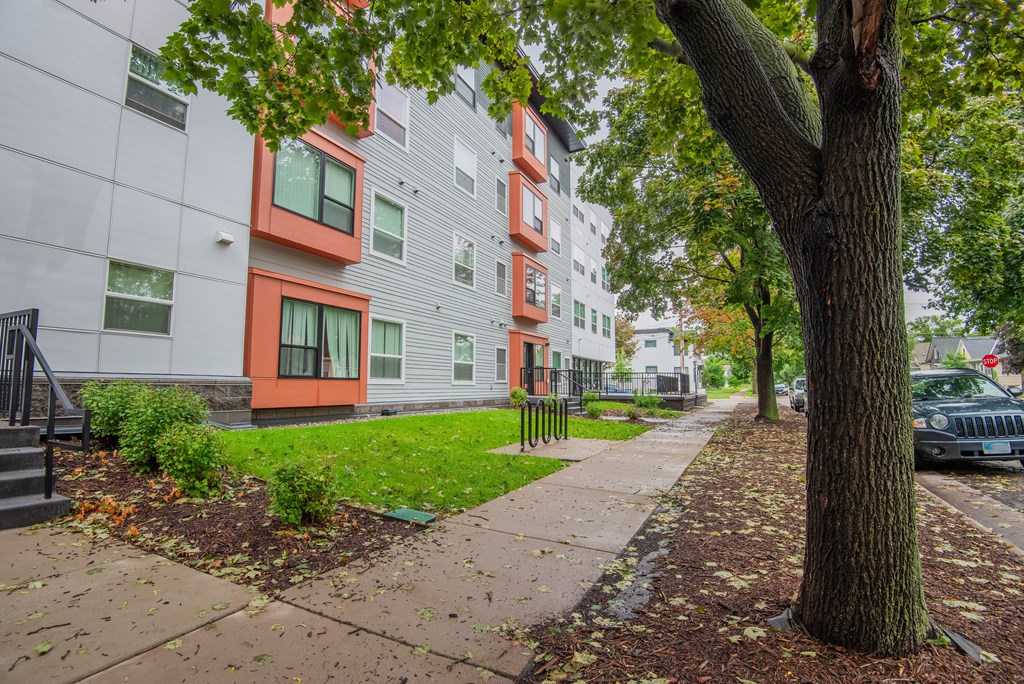 A tree stands next to a sidewalk in front of a building.