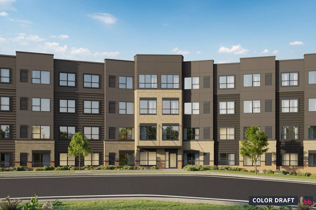 a rendering of an apartment building with a road in front of it