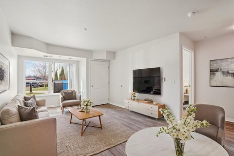 A living room with a brown sofa, a white coffee table, and a television.