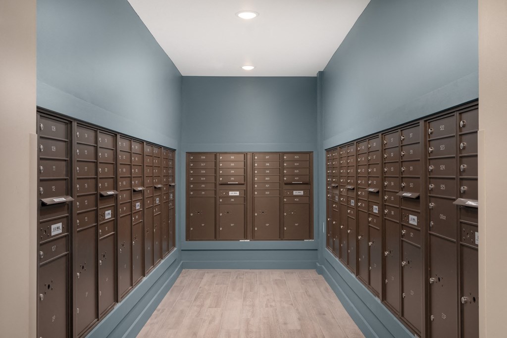 a bunch of wooden lockers in a room with blue walls