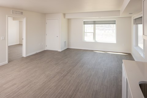 A spacious room with light wood flooring and white walls.