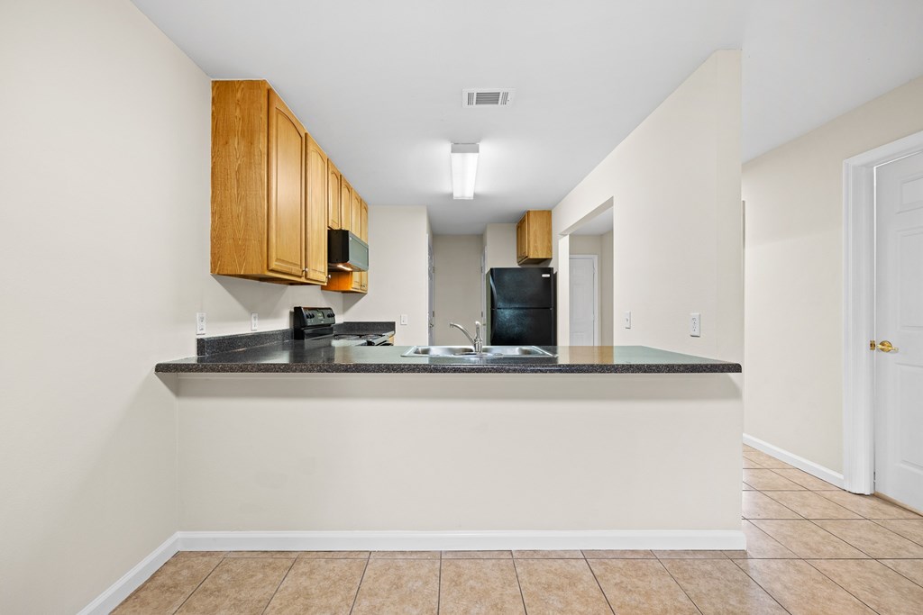 A kitchen with a counter and cabinets.