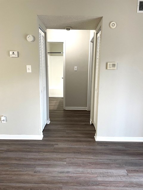 a view of the hallway from the living room into the bedroom and closet