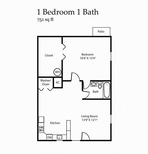 floor plan of the 1 bedroom 1 bath floor plan at the crossings at white rock