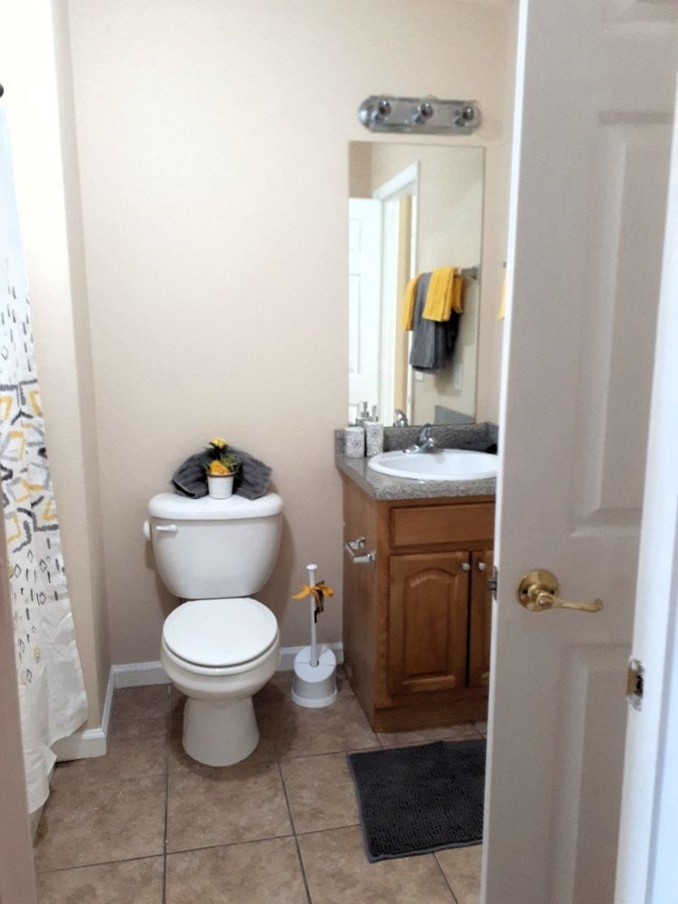 A bathroom with a toilet, sink, and mirror.