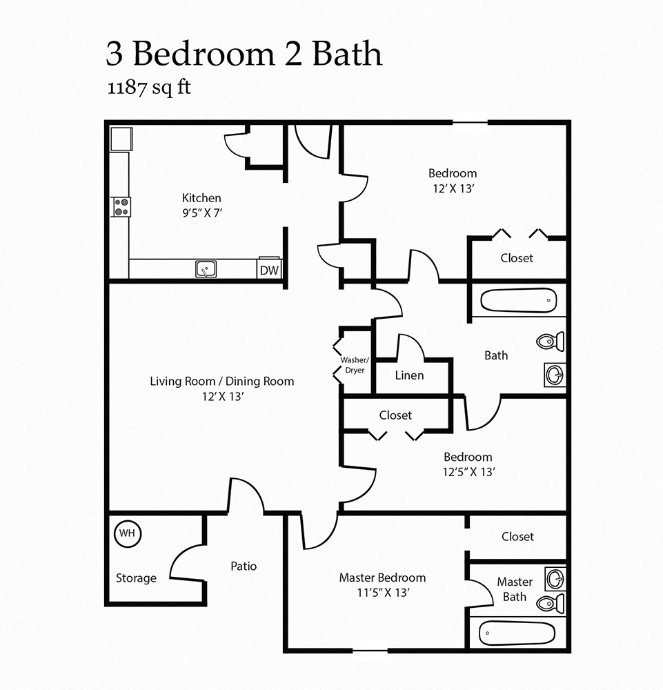 A black and white image of a 3 bedroom 2 bath floor plan.