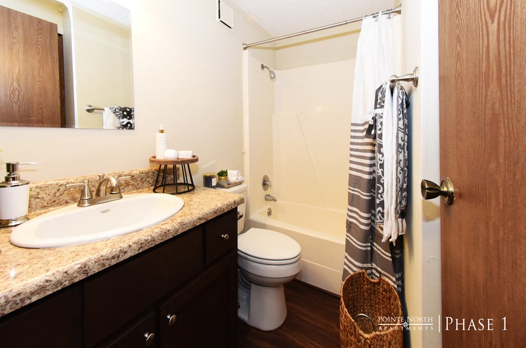 a bathroom with a sink and a toilet and a shower