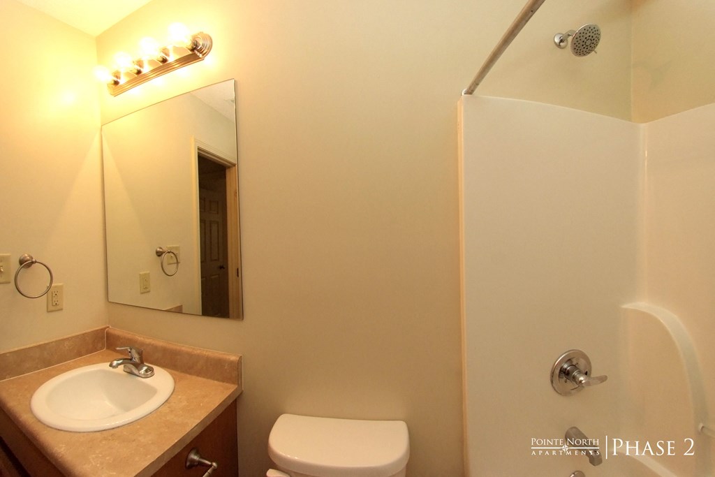 a bathroom with a toilet sink and a shower and a mirror