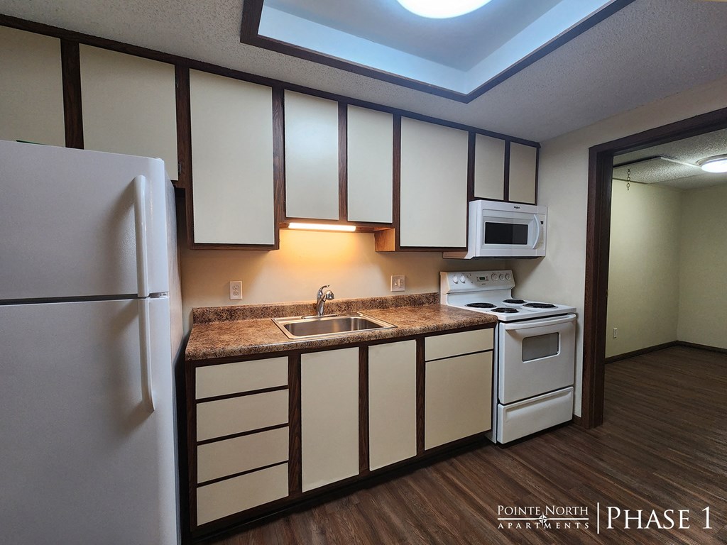 a kitchen with white cabinets and a sink and a refrigerator