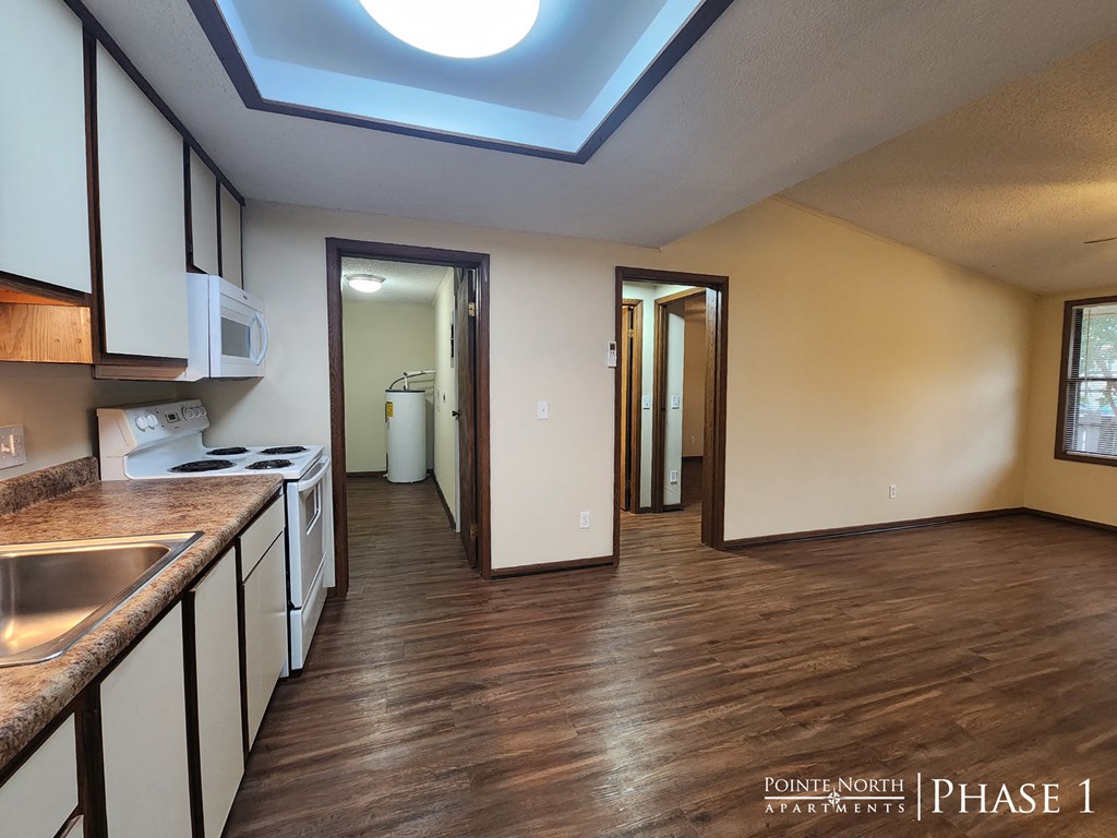 a kitchen with white cabinets and a sink and a ceiling light