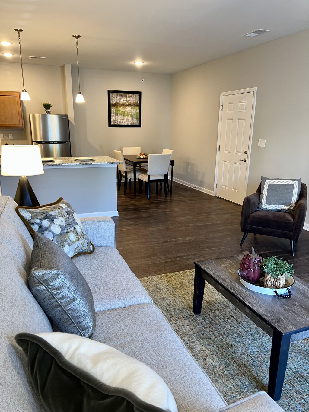 a living room with a couch and a table