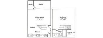 A floor plan of a small apartment with a living room, dining area, kitchen, bedroom, bathroom, and storage.