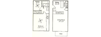 A floor plan shows a living space with two bedrooms, a dining area, a kitchen, and a patio.