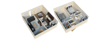 A 3D image of a room layout with two different setups.