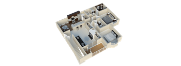 A 3D rendered image of a house layout.