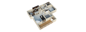 A 3D model of a house with a kitchen, living room, and bathroom.