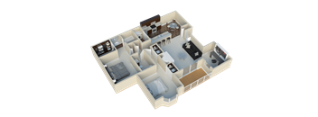 A 3D floor plan of a two-story residential building.