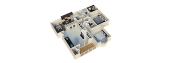 A 3D floor plan of a house with a kitchen, living room, and two bedrooms.