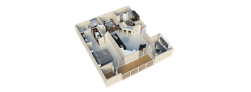 A 3D image of a house layout with a living room, kitchen, dining room, and bedrooms.