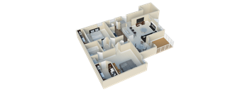 A 3D rendered image of a house layout.
