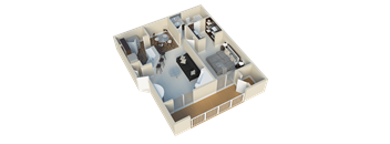 A 3D image of a house layout with a living room, dining room, kitchen, and bathroom.