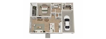 a 3d rendering of a floor plan with a car and a garage